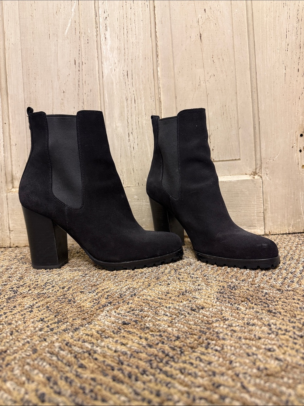Coach Black Suede High Block Heel Ankle Boots 9M.